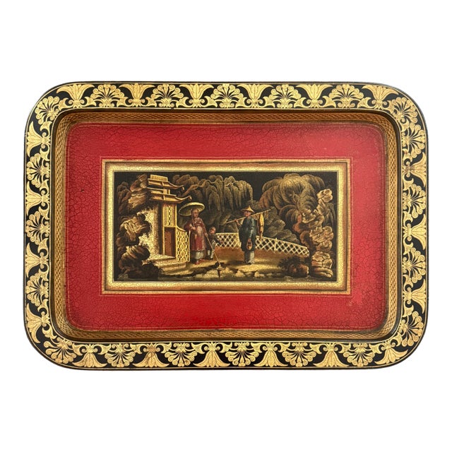 English Regency Papier Mâché Chinoiserie Tray With Garden Scene For Sale