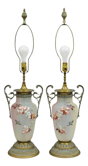 Early 20th Century Antique English Victorian Rainbow Glass Hand Painted Birds Table Lamp - A Pair