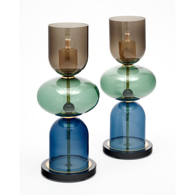 Pair of table lamps made of hand-blown glass elements from Murano, Italy outside of Venice. Each lamp features unique...