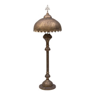 Large Antique 1920s Moroccan Pierced Brass Floor Lamp With Matching Lined Moorish Shade For Sale