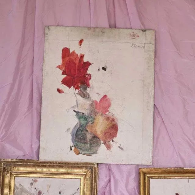 The collection includes the following pieces, left to right, all in cm: 1. Floral oil painting with gilded frame by andre...