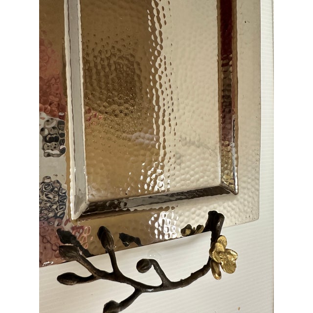 Michael Aram Michael Aram Sign Gold Plated Orchid Flowers Hammered Silver Tone Shine Serving Tray 17"x 7" For Sale - Image 4 of 18