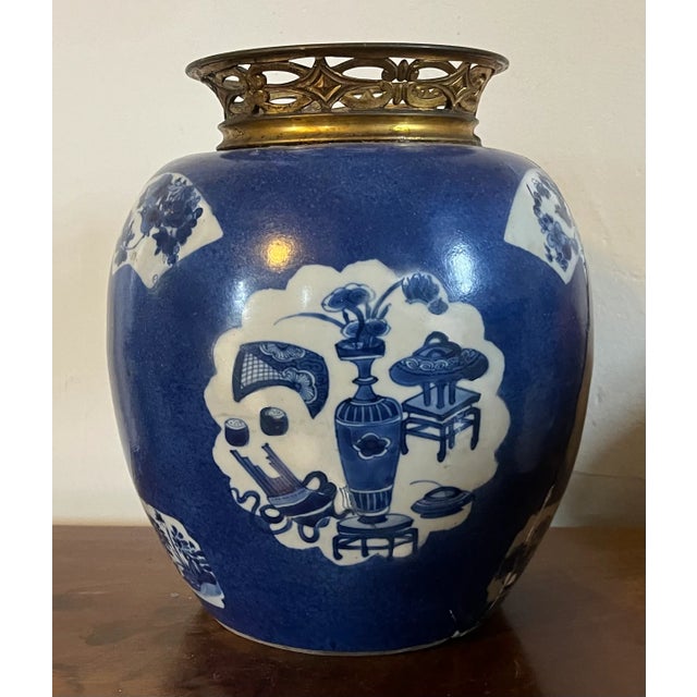 Antique Chinese Kangxi Period (1662-1722) Ormolu Mounted Blue and White Porcelain Ginger Jar Vase Decorated With Precious Objects For Sale - Image 12 of 12