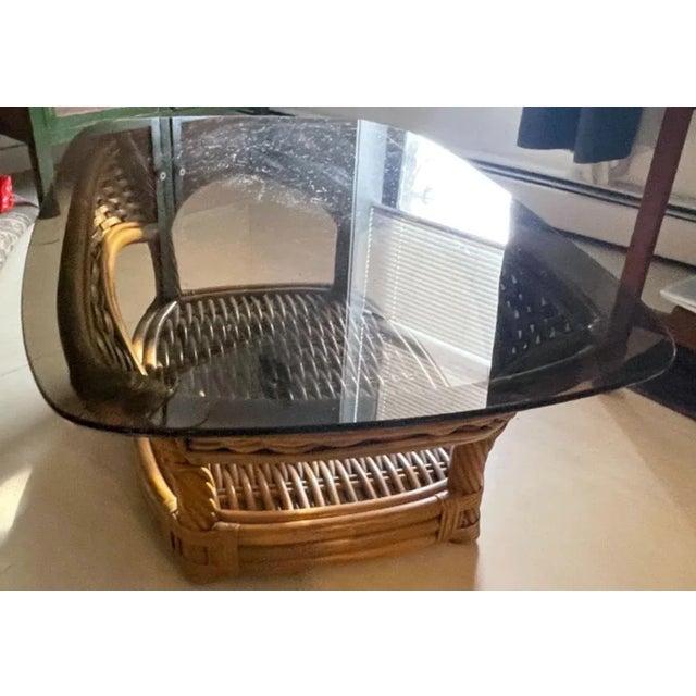 1950s Vintage bamboo Deco Bent Wood Smokey Glass Top Coffee Table This is a piece acquired from a Hudson Valley,NY estate...