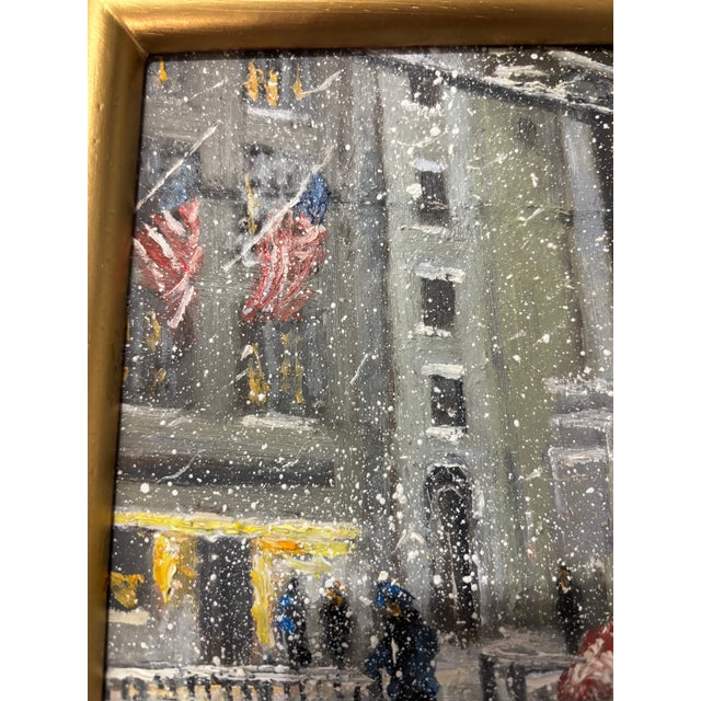An oil on masonite by Christopher Willett, a well-known Bucks County artist, depicting Wall Street on a snowy day. Signed...