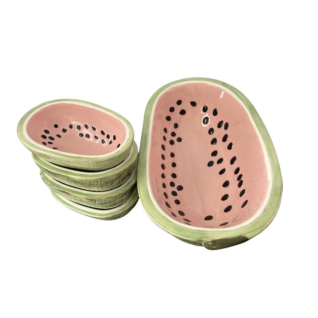 Light Green Vintage Mid-Century Modern Watermelon Ceramic Hand-Painted Trompe L’Oeil Fruit Bowls – 5-Piece For Sale - Image 8 of 11