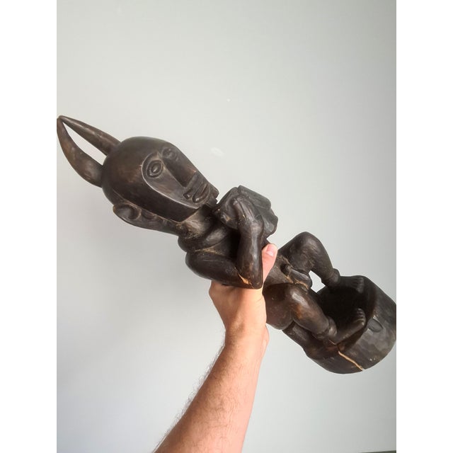 Vintage African Wooden Horned Figure Sculpture Tribal Art Hand Carved Wood Statue, 1970 For Sale - Image 9 of 9