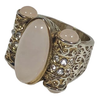 Mid 20th Century Vintage Rose Quartz and Crystal Tribal Cocktail Ring, Size 8.5 For Sale