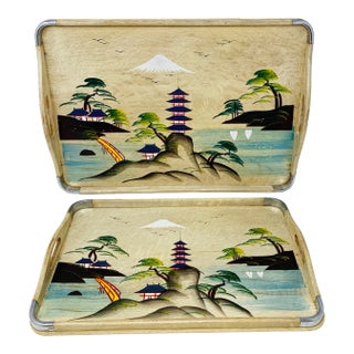 Vintage Hand-Painted Natural Wood Asian Landscape Serving Trays- Set of 2 For Sale