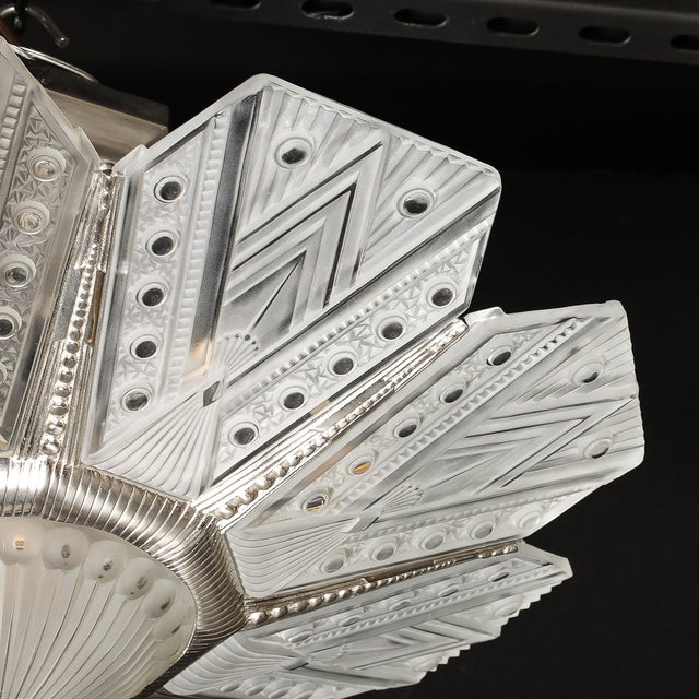 Art Deco Frosted Glass Cubist Geometric Detail & Fluted Chandelier Signed Leleu For Sale - Image 13 of 18