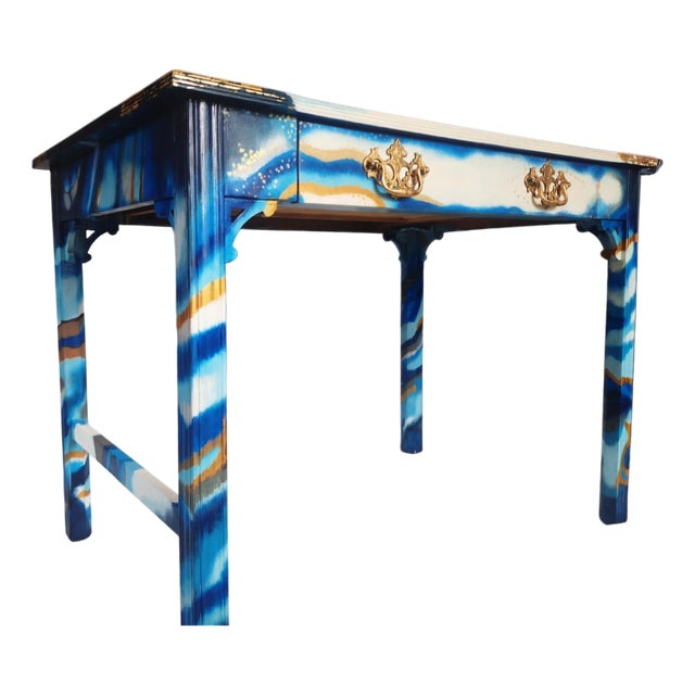 1960s Writing Desk | Hand Painted Blue Geode Inspired Desk With Gold Accents | One-of-a-Kind Statement Furniture For Sale