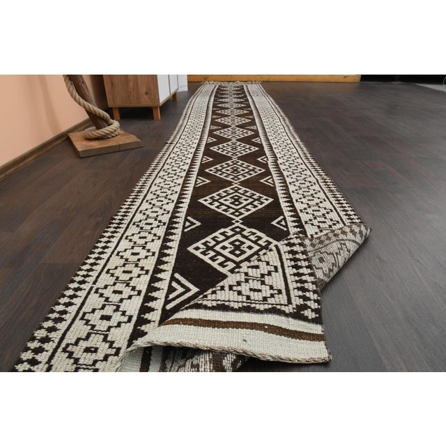 1970s Vintage Turkish Handmade Wool & Cotton Brown Runner Rug For Sale - Image 4 of 11