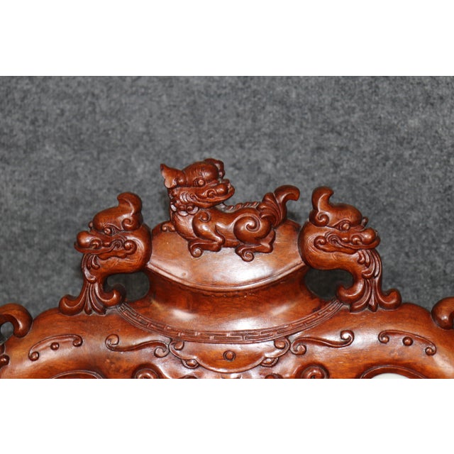 Pair Vintage Chinese Carved Mahogany and Marble Back Arm Chairs For Sale - Image 12 of 16