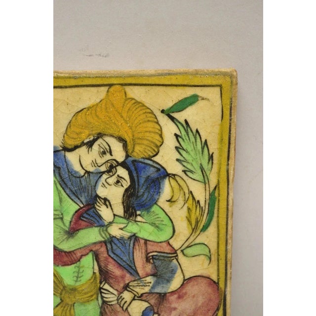 Antique Persian Iznik Qajar Style Green Ceramic Pottery Tile Loving Couple C5 For Sale - Image 4 of 9