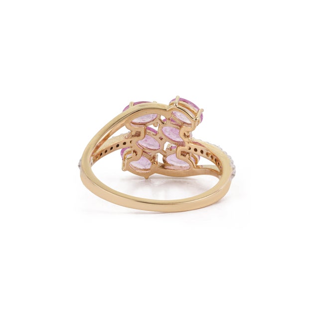 Art Nouveau 14k Yellow Gold 1.66ct Pink Sapphire & Diamond Cluster Bypass Ring Size 6 For Sale - Image 9 of 16