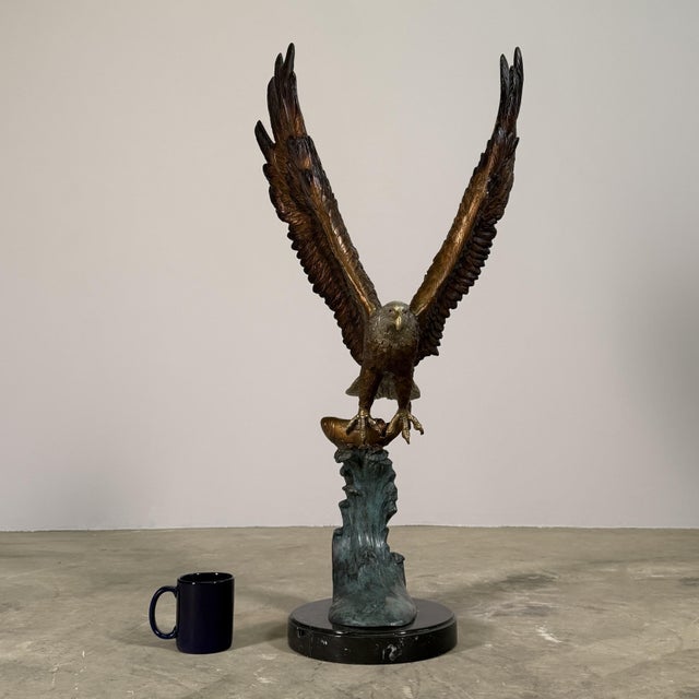 Large Bronze Bald Eagle Sculpture Catches Fish on Marble Base - 38"h For Sale - Image 11 of 11