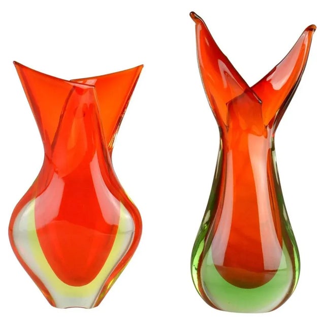 Glass vase by Flavio Poli for Seguso 1950s in fiery orange shaped like a flame.They are hand blown, known as Venetian...