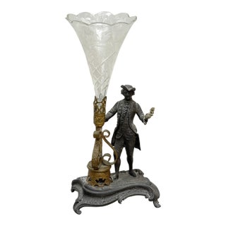 Rococo Revival Figural Spelter and Etched Glass Trumpet Vase, Antique For Sale