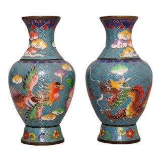 Pair of Vintage Cloisonne Enamel Vases – 6.1" Turquoise Ground Dragon & Phoenix Vases For Sale