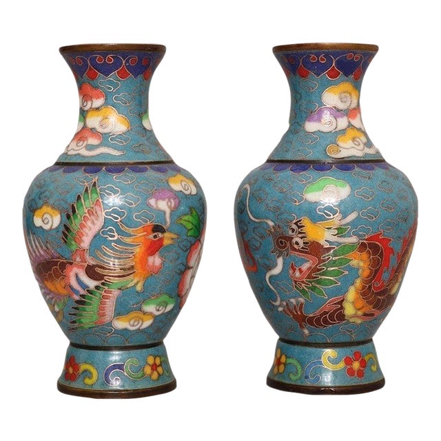 Pair of Vintage Cloisonne Enamel Vases – 6.1" Turquoise Ground Dragon & Phoenix Vases For Sale