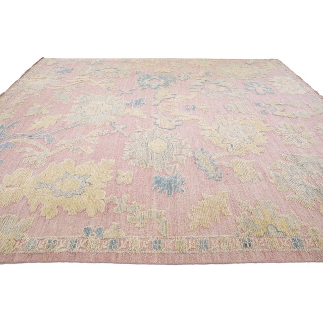 2020s Modern Oushak Style Handmade Floral Motif Light Pink Wool Rug For Sale - Image 5 of 11