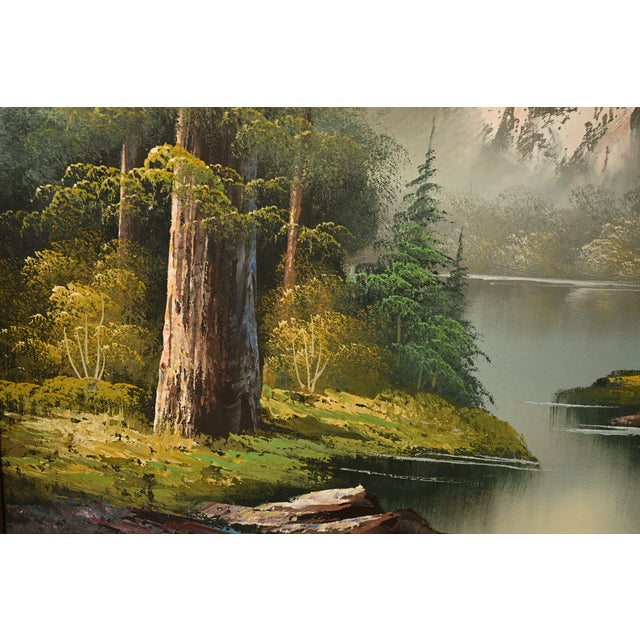 Bob Ross Style Original Signed Lakeside Mountain Landscape Oil Painting in Carved Wood Frame For Sale In South Bend - Image 6 of 16