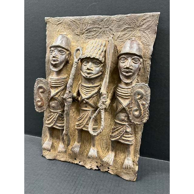 Vintage African Tribal Art Benin Bronze Wall Plaque Sculpture For Sale - Image 4 of 10