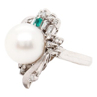 Mid-Century Platinum, Pearl, Emerald, & Diamond Cocktail Ring For Sale