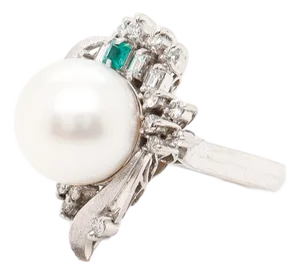 Mid-Century Platinum, Pearl, Emerald, & Diamond Cocktail Ring