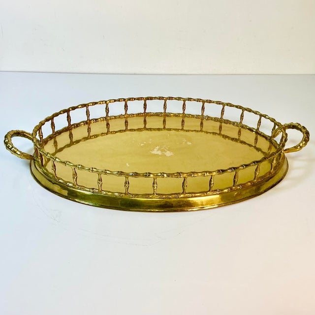 Mid-Century Hollywood Regency Boho Chic Coastal Faux Bamboo Brass Tray, Mottahedeh Attributed For Sale - Image 10 of 16