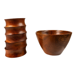 Set of 6 Mid-Century Organic Modern Wood-Turned Salad / Serving Bowls in Solid Burmese Teak, Circa 1970's