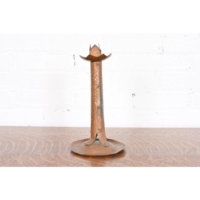 Metal Antique Stickley Style Arts & Crafts Hammered Copper Candlestick, Circa 1900 For Sale - Image 7 of 13