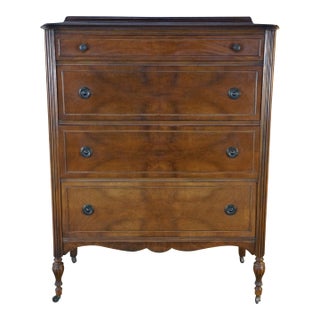 Antique Sheraton Style Book Matched Walnut Four Drawer Tallboy Dresser 49" For Sale