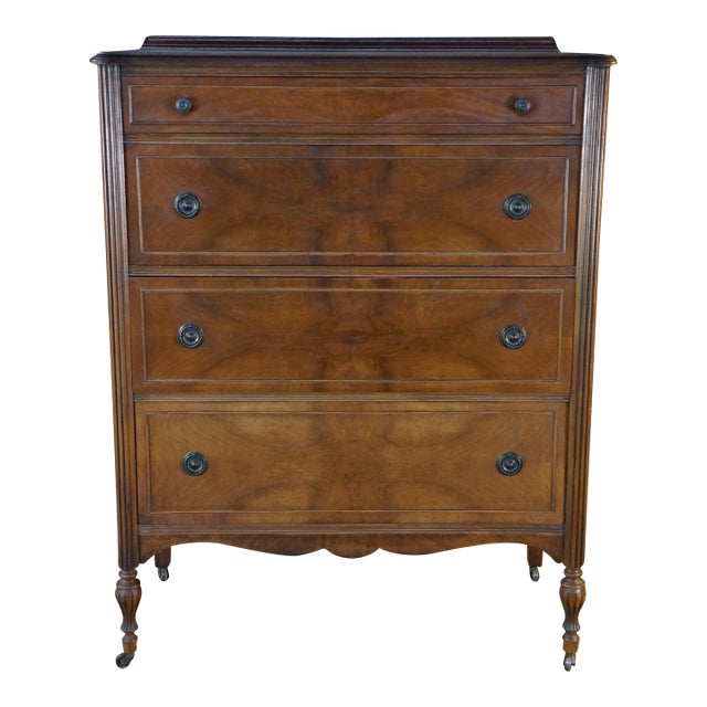 Antique Sheraton Style Book Matched Walnut Four Drawer Tallboy Dresser 49" For Sale