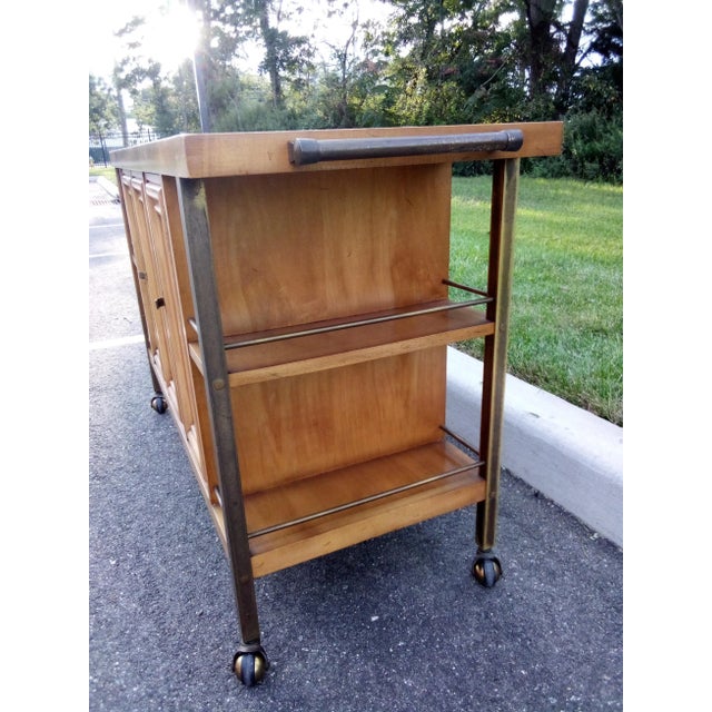Mid-Century Rolling Bar Cart Travertine Inlaid Top Burl Wood Doors & Brass Accents 48" Long! For Sale In New York - Image 6 of 9