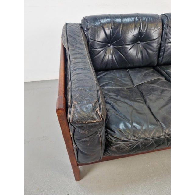 Mid-Century Modern Scandinavian Monte Carlo Sofa in Black Leather and Wood by Ingvar Stockum, 1965 For Sale - Image 11 of 18