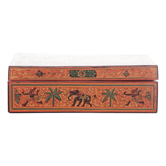 Hand-Painted Red Burmese Nandwin Lacquered Betel Box For Sale