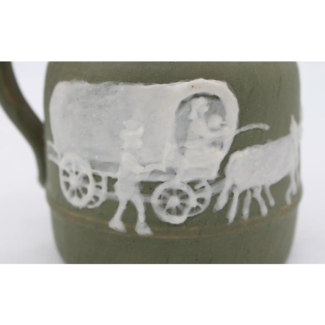 Army Green 1960 North Carolina Cameo Decorated Small Pottery Pitcher by Walter Stephen For Sale - Image 8 of 11