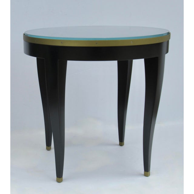 C. 1980's Donghia "Essence" Collection Round Side/End Table Satin Black Lacquer Finish With Brushed Brass Details For Sale - Image 9 of 18