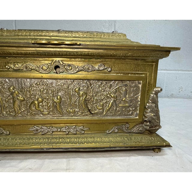 Victorian Large Antique Spanish Baroque 2 Tone Heavy Brass Ornate Dresser Casket Desk Box For Sale - Image 3 of 16