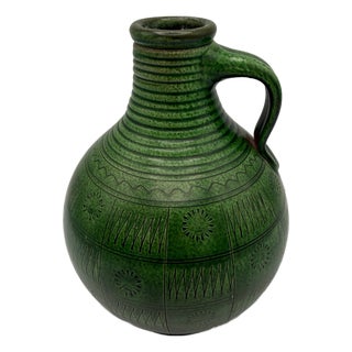 Green Ceramic Vase with Sgraffito Decor by Wilhelm Kagel, 1960s For Sale