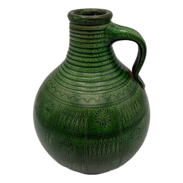 Green Ceramic Vase with Sgraffito Decor by Wilhelm Kagel, 1960s For Sale