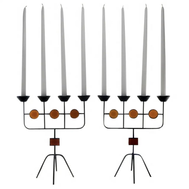 Red Glass and Wrought Iron Candelabras by Gunnar Ander for Ystad Metall, 1950s, Set of 2, in Flawless conditions. Designed...