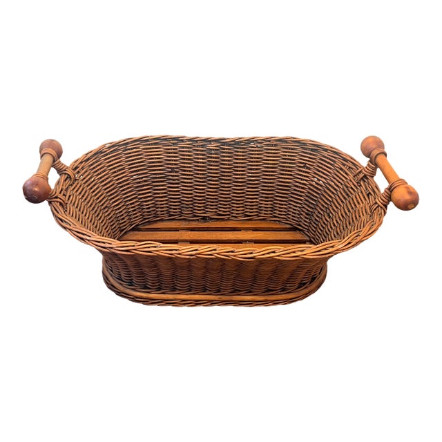 Vintage Woven Wicker Basket With Turned Wood Handles & Wood Slatted Base For Sale