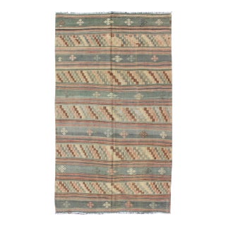 Vintage Turkish Kilim With Stripped Embroidery in Multi Warm Butter and Green For Sale