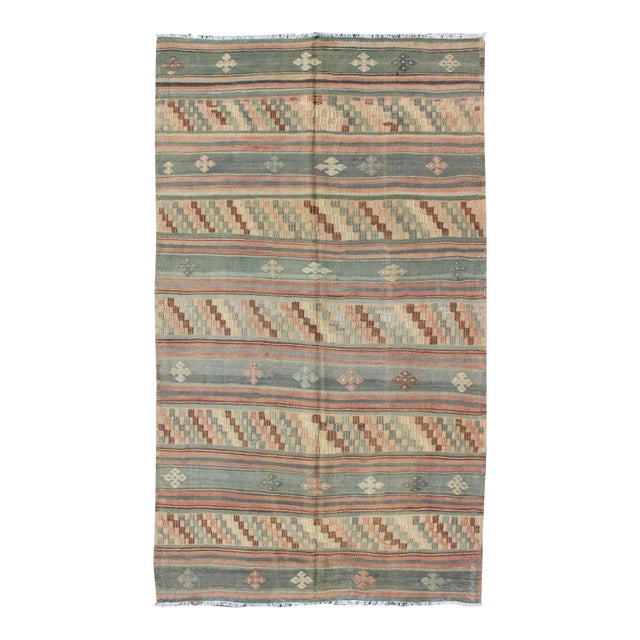 Vintage Turkish Kilim With Stripped Embroidery in Multi Warm Butter and Green For Sale