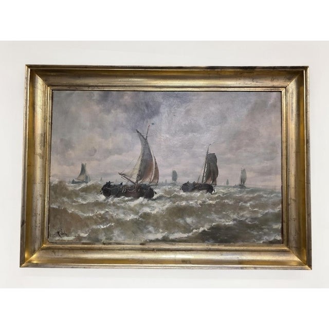 Dutch Artist, Boats at Sea, 1800s, Oil on Canvas For Sale - Image 6 of 14