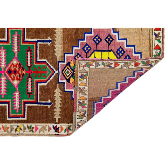 Turkish Mid-20th Century Brown Vintage Turkish Wool Runner Rug With Geometric Pattern For Sale - Image 3 of 9