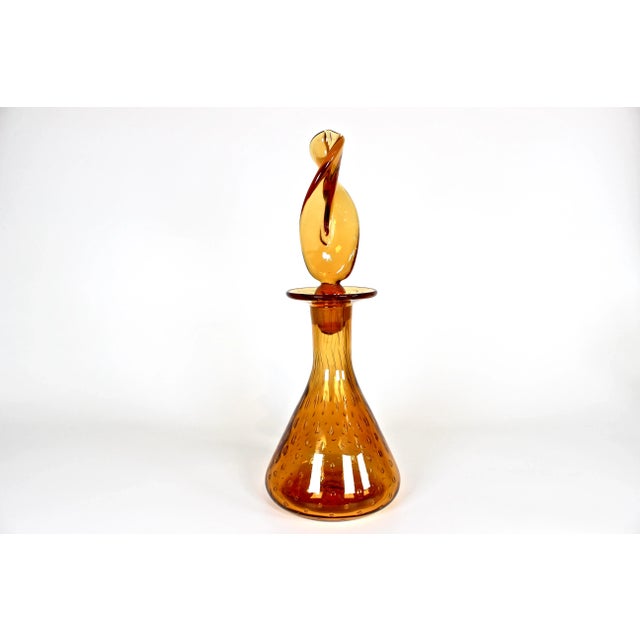 1960's Amber Hand Blown Controlled Bubble Glass Decanter With Flame Twist Stopper For Sale - Image 9 of 9