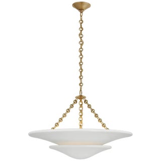 AERIN for Visual Comfort Signature Mollino Medium Tiered Chandelier in Hand-Rubbed Antique Brass with Plaster White Shade For Sale